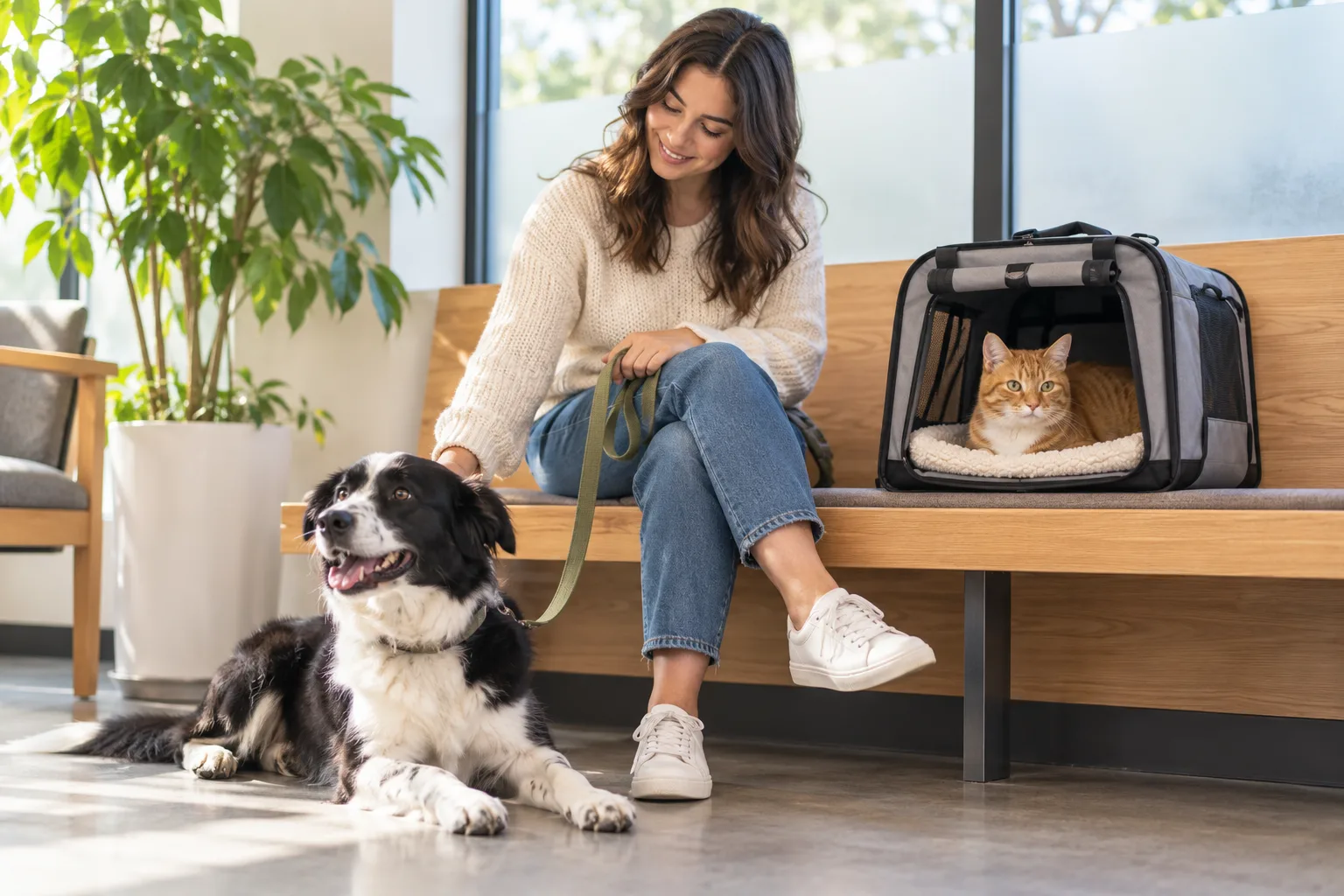 Owner at a veterinary clinic with a dog and a cat in a carrier